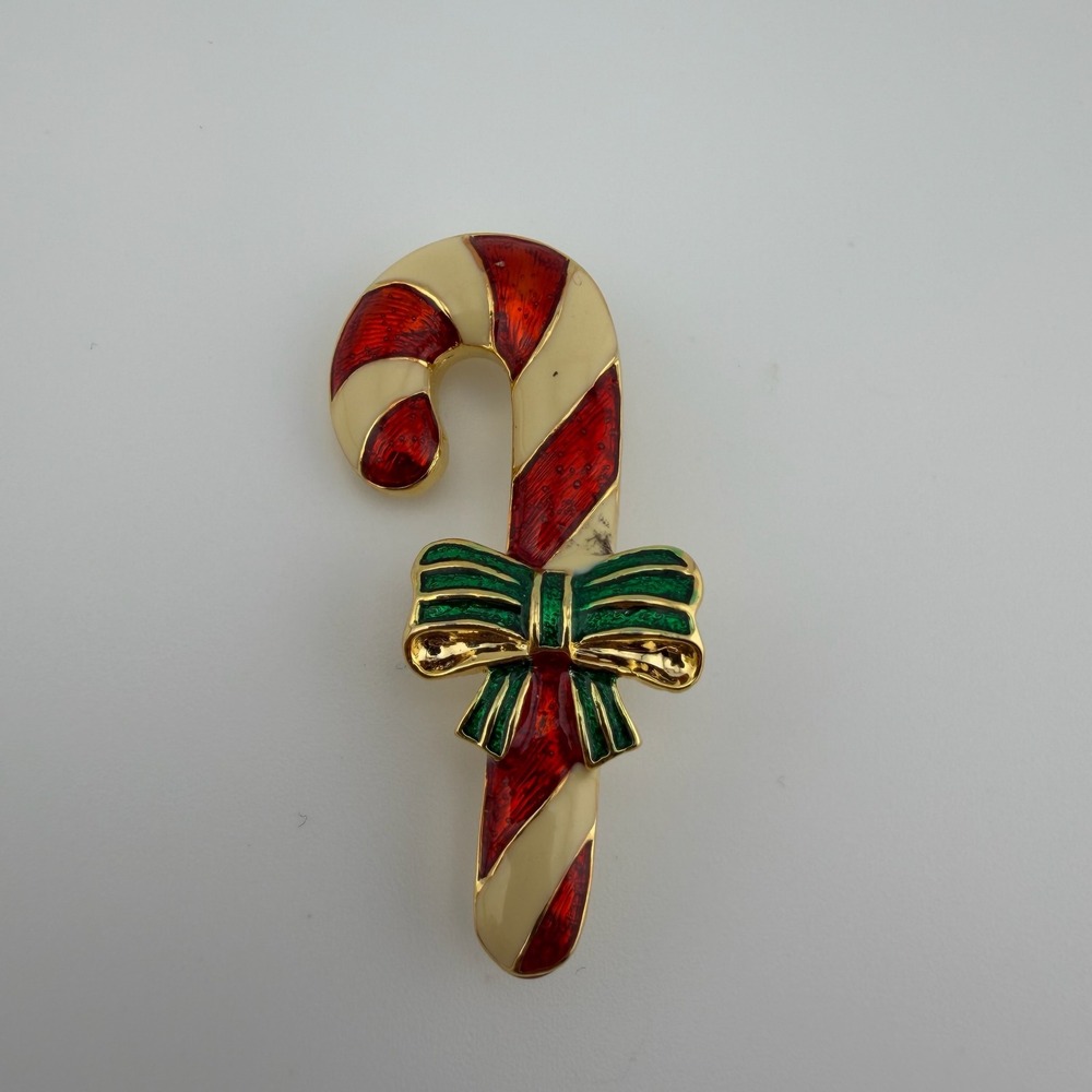 Red Candy Cane Enamel Christmas Holiday Brooch Pin